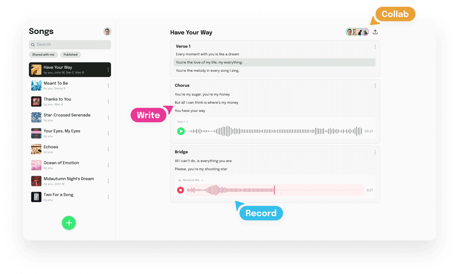 preview of the song leaf app with callouts to collaboration, writing, and recording.